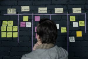 A person reviews a Kanban board organizing tasks across stages with sticky notes, showcasing tools to manage multiple social media accounts by prioritizing and tracking progress.