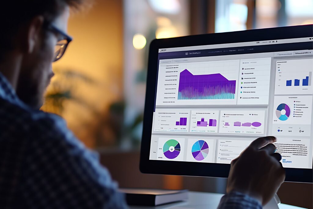 Professional analyzing digital marketing tasks 2026 on laptop screen with interactive charts, graphs, and data analytics dashboard in modern office setup.