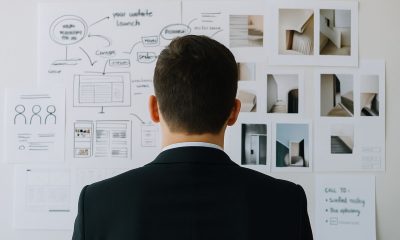Person in a business suit looks at a wall covered with papers and images showing project plans and website designs, representing work on building a strong online reputation.